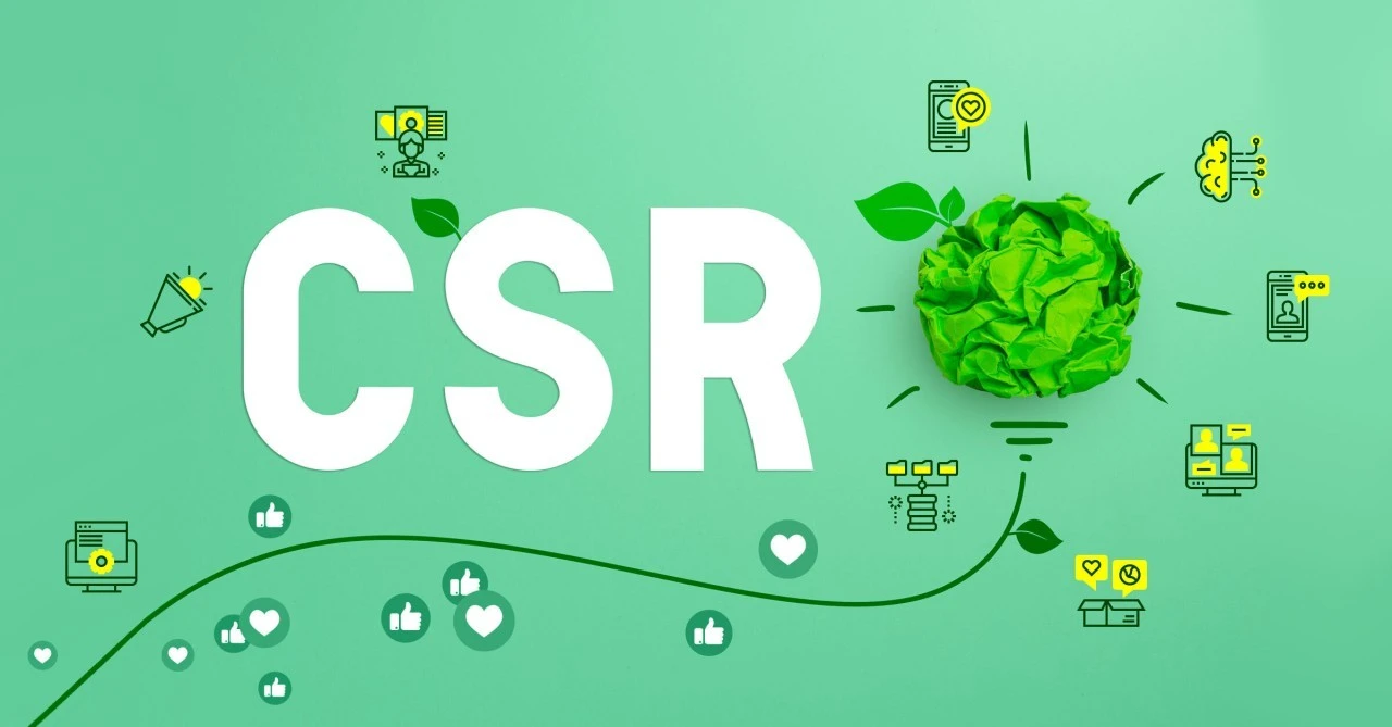 تصویر گرافیکی مفهوم مسئولیت اجتماعی شرکتی (CSR) با پس‌زمینه سبز و نمادهایی از ارتباطات دیجیتال و پایداری زیست‌محیطی، شامل اشکالی از فناوری، تعاملات اجتماعی و نمادهای طبیعت.